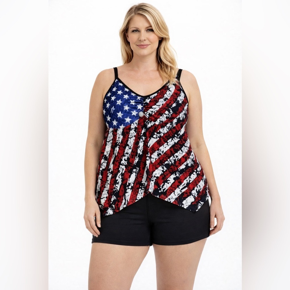 Plus size two piece swim suit. USA flag tankini top black solid boy shorts sz 18